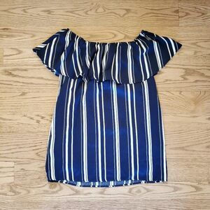Forever 21 S Navy and White Stripes Ruffle Off the Shoulder Dress Nautical